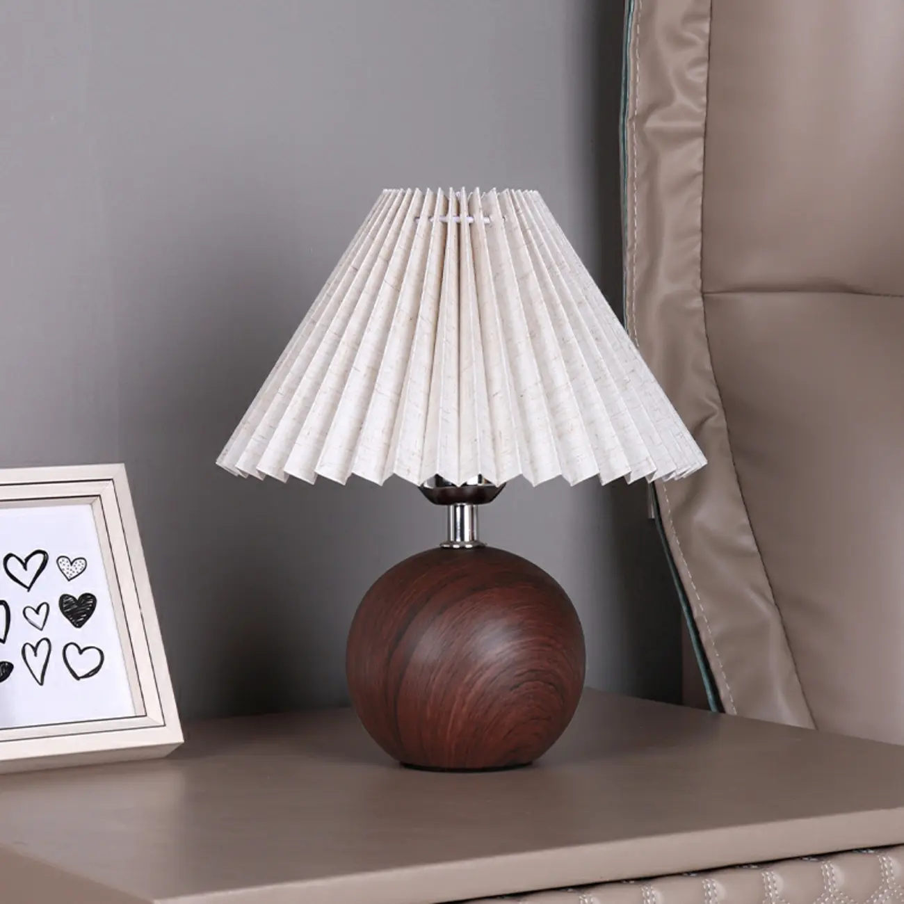 Vintage Wooden Pleated Shade Table Lamp for Bedroom Image - 2 | homeyfad