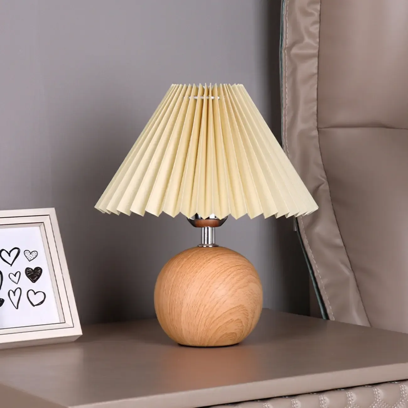 Vintage Wooden Pleated Shade Table Lamp for Bedroom Image - 3