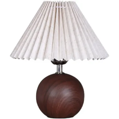 Vintage Wooden Pleated Shade Table Lamp for Bedroom Image - 5