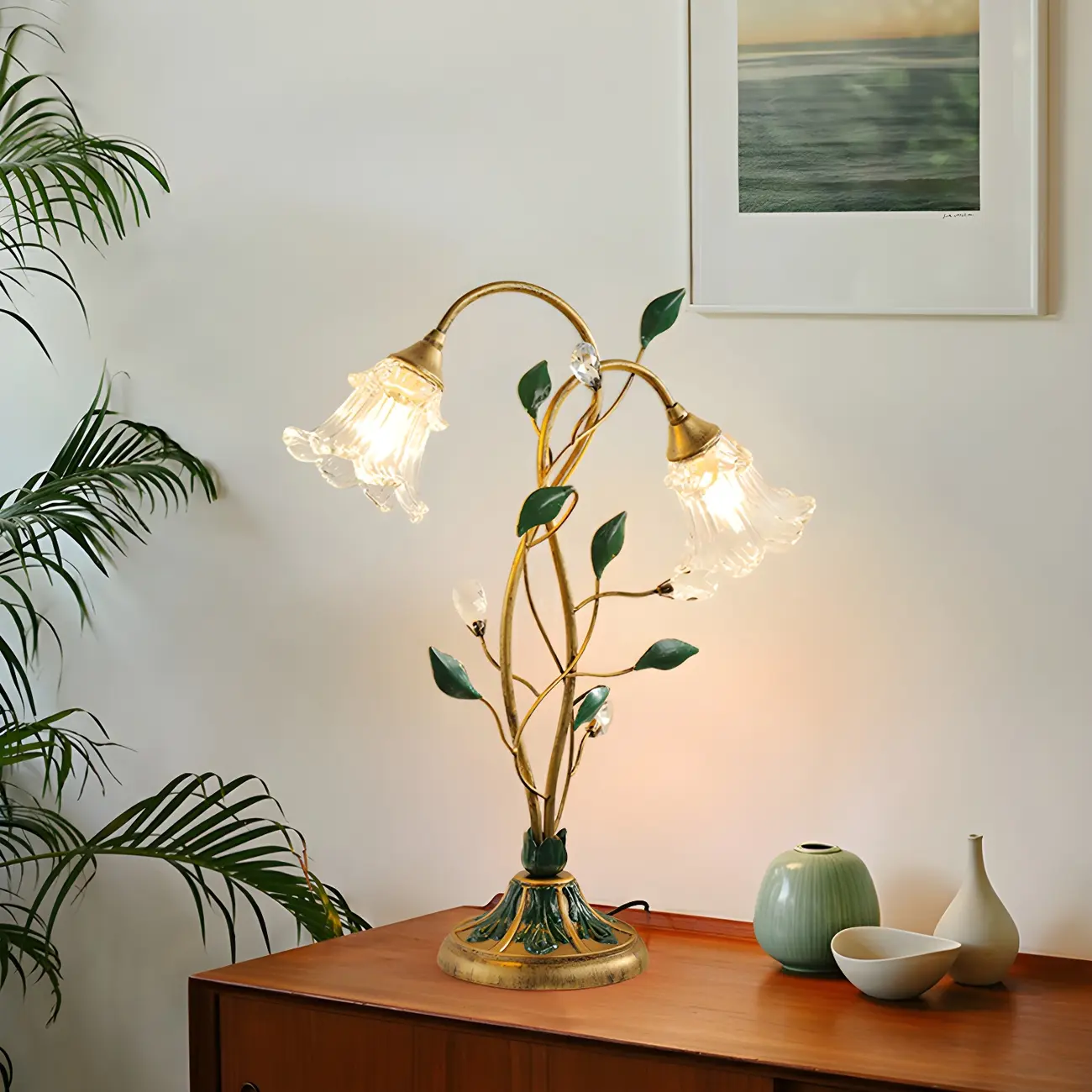 Elegant Glass Floral Shade Metal Table Lamp for Residential Image - 2 | homeyfad