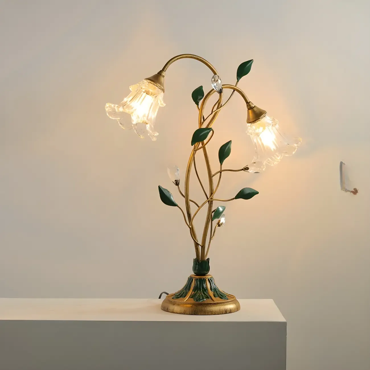 Elegant Glass Floral Shade Metal Table Lamp for Residential Image - 8