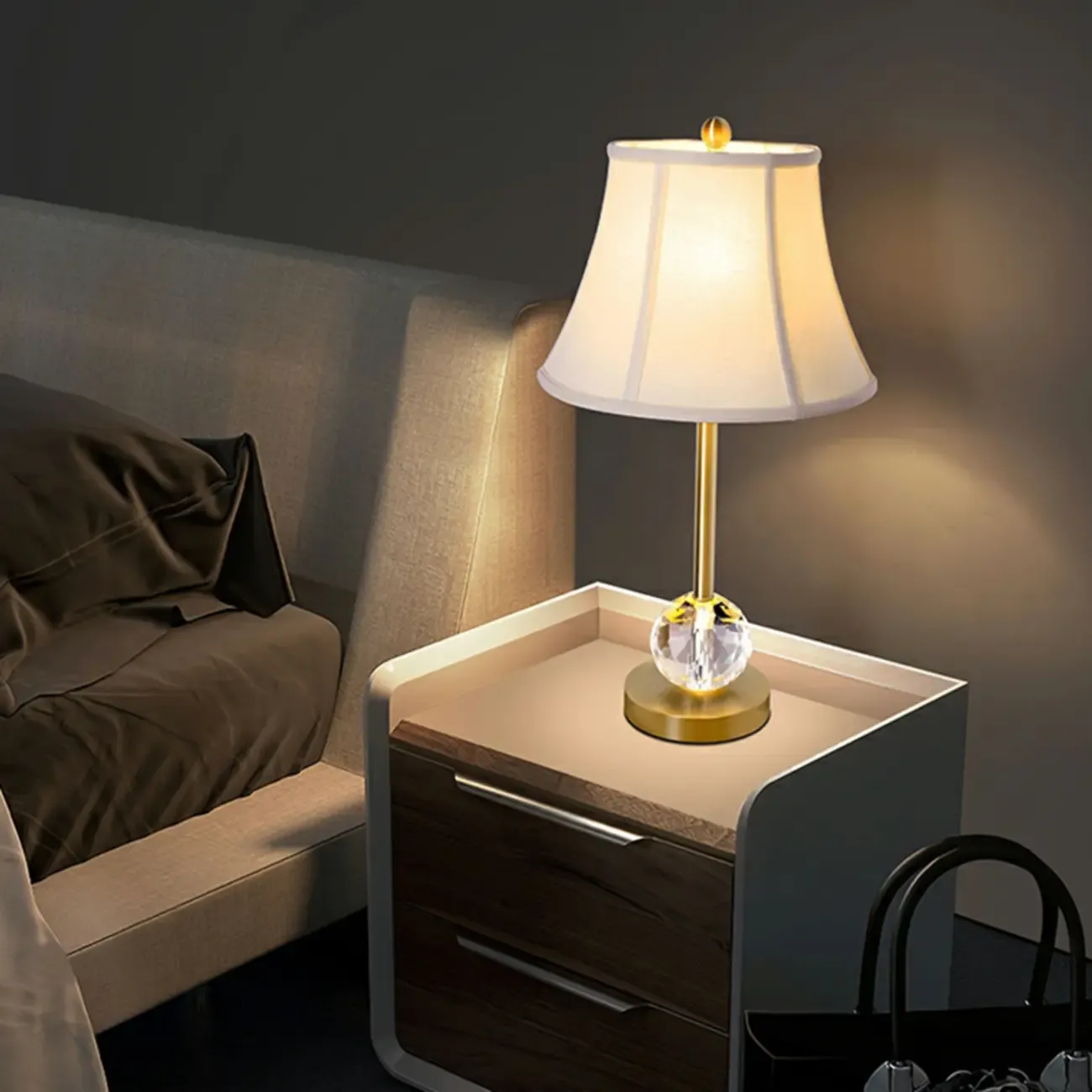 Classic White Geomatic Shade Golden Table Lamp for Bedroom Image - 1