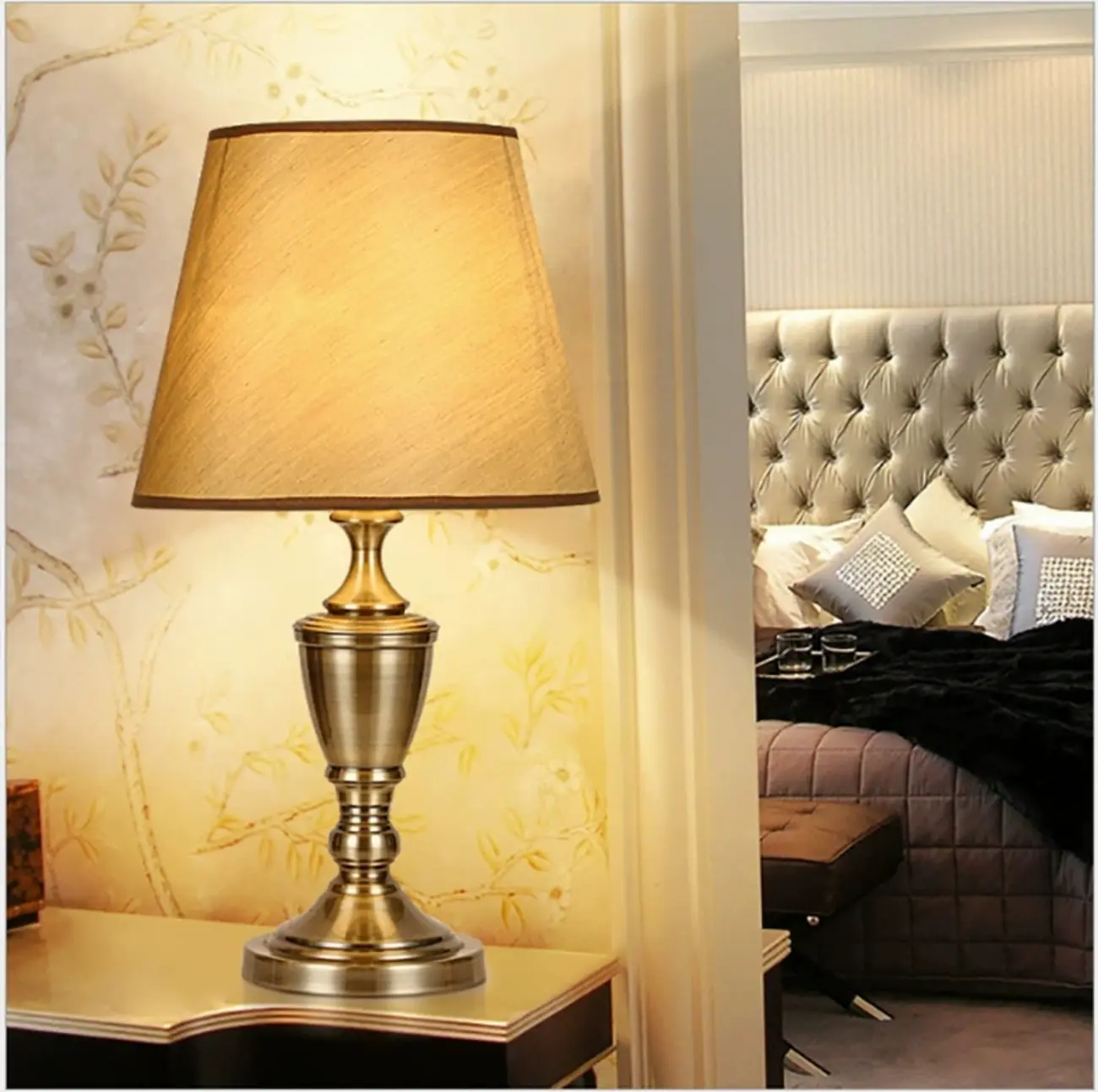 Luxury Brass Geometric Table Lamp Plug In Electric for Bedroom Image - 1 | homeyfad
