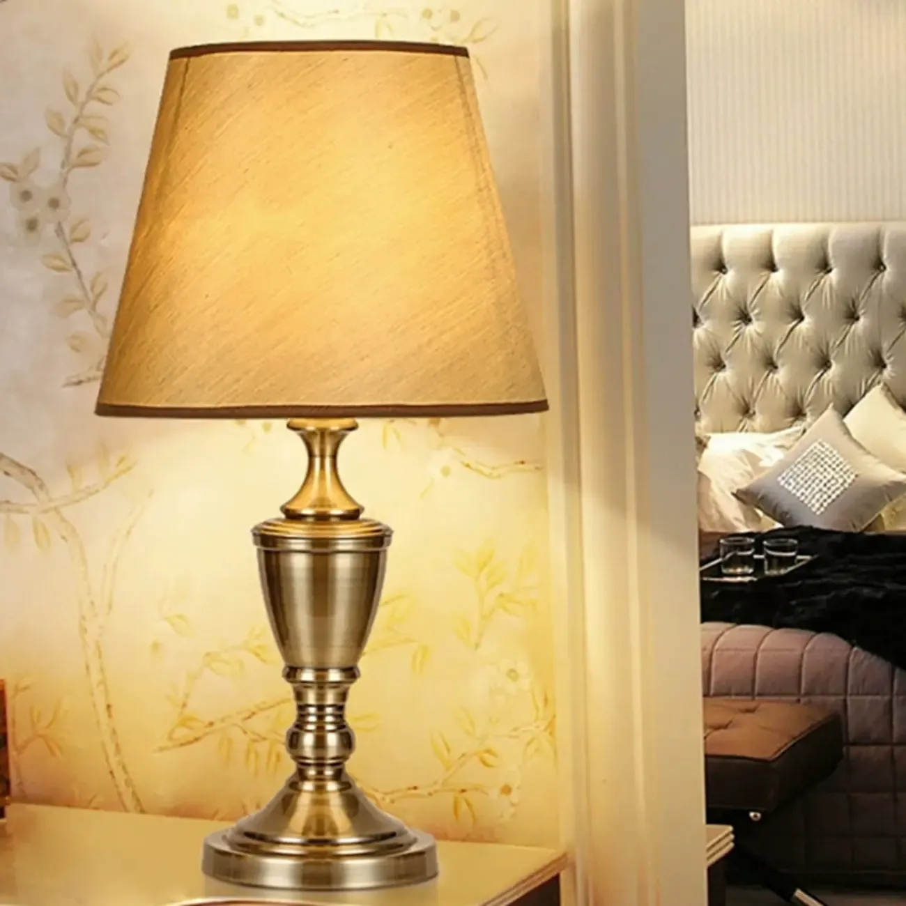Luxury Brass Geometric Table Lamp Plug In Electric for Bedroom Image - 2