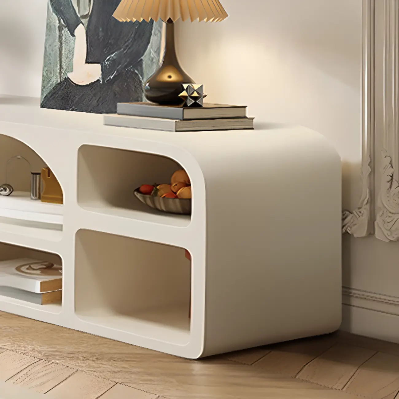 Modern White Wooden TV Stand with Visible Storage Image - 7 | homeyfad