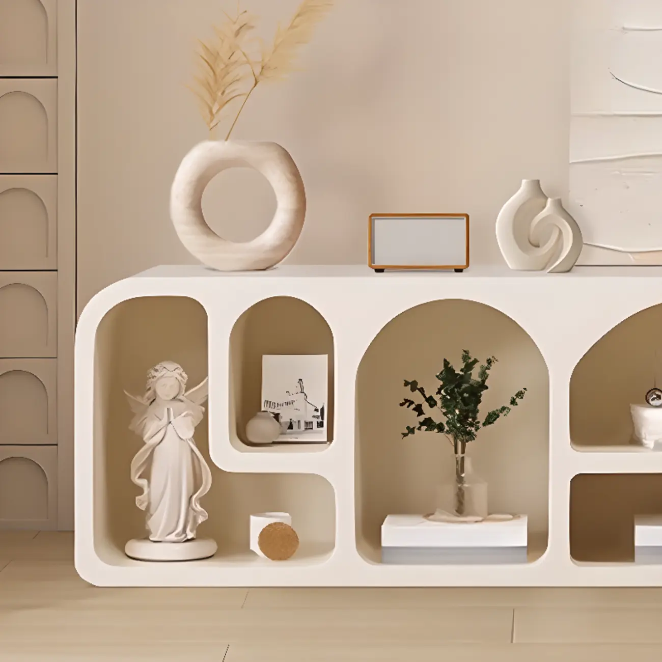 Modern White Wooden TV Stand with Visible Storage Image - 9 | homeyfad