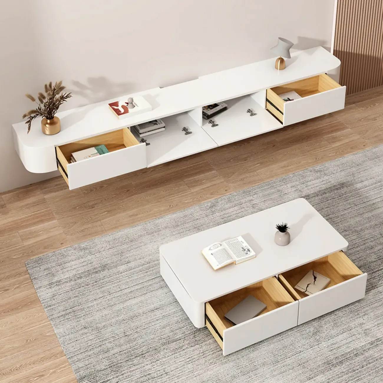 Rectangle White Solid Wood Floating TV Stand with Storage Image - 10