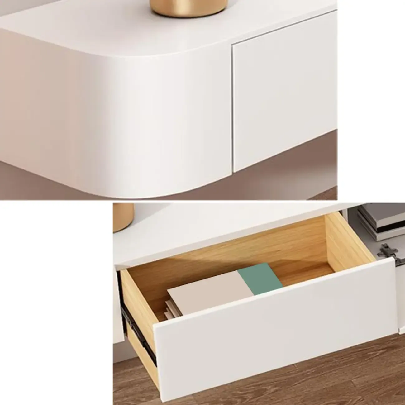 Rectangle White Solid Wood Floating TV Stand with Storage Image - 6