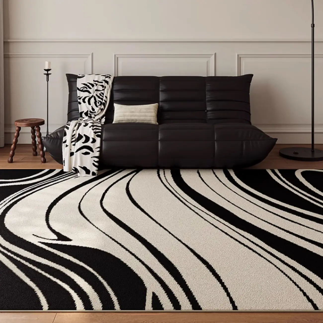 Modern Black and White Abstract Loop Velvet Rectangle Area Rug Image - 1 | homeyfad