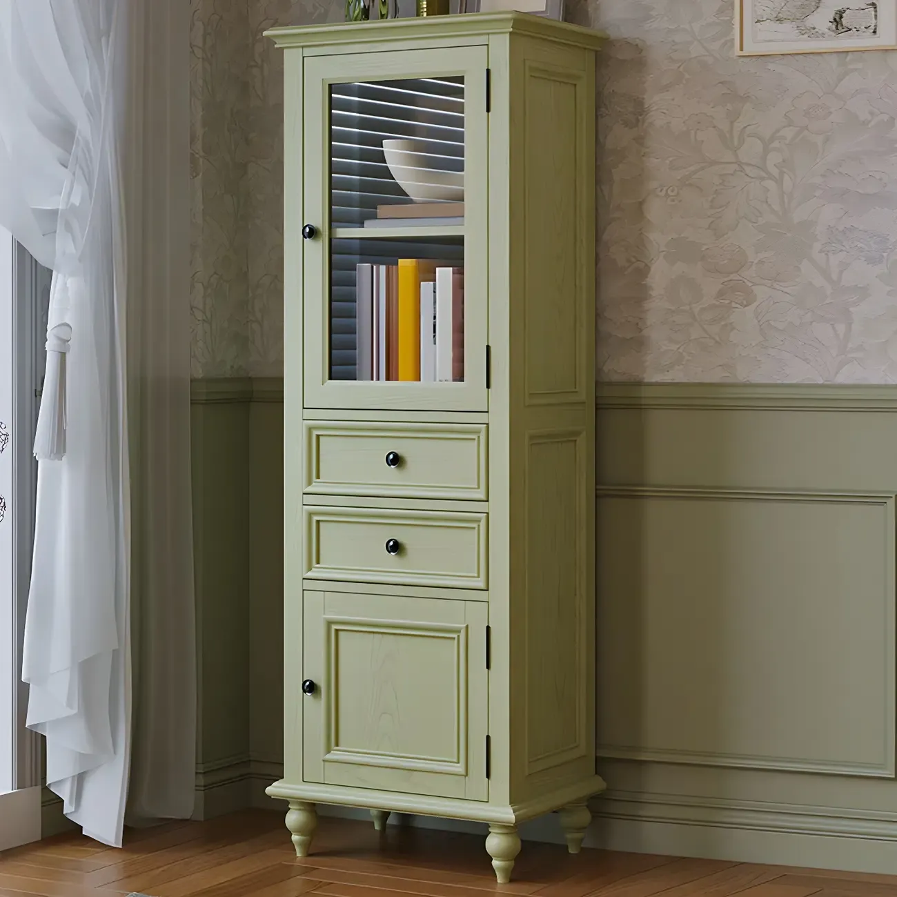 Vintage Green Wooden Tall Display Cabinet with Drawers - HomeyFad