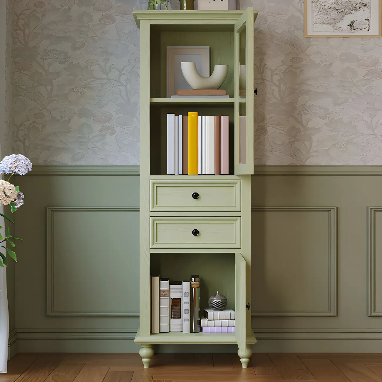 Vintage Green Wooden China Cabinet with 2-Drawers for Home Image - 2 | homeyfad