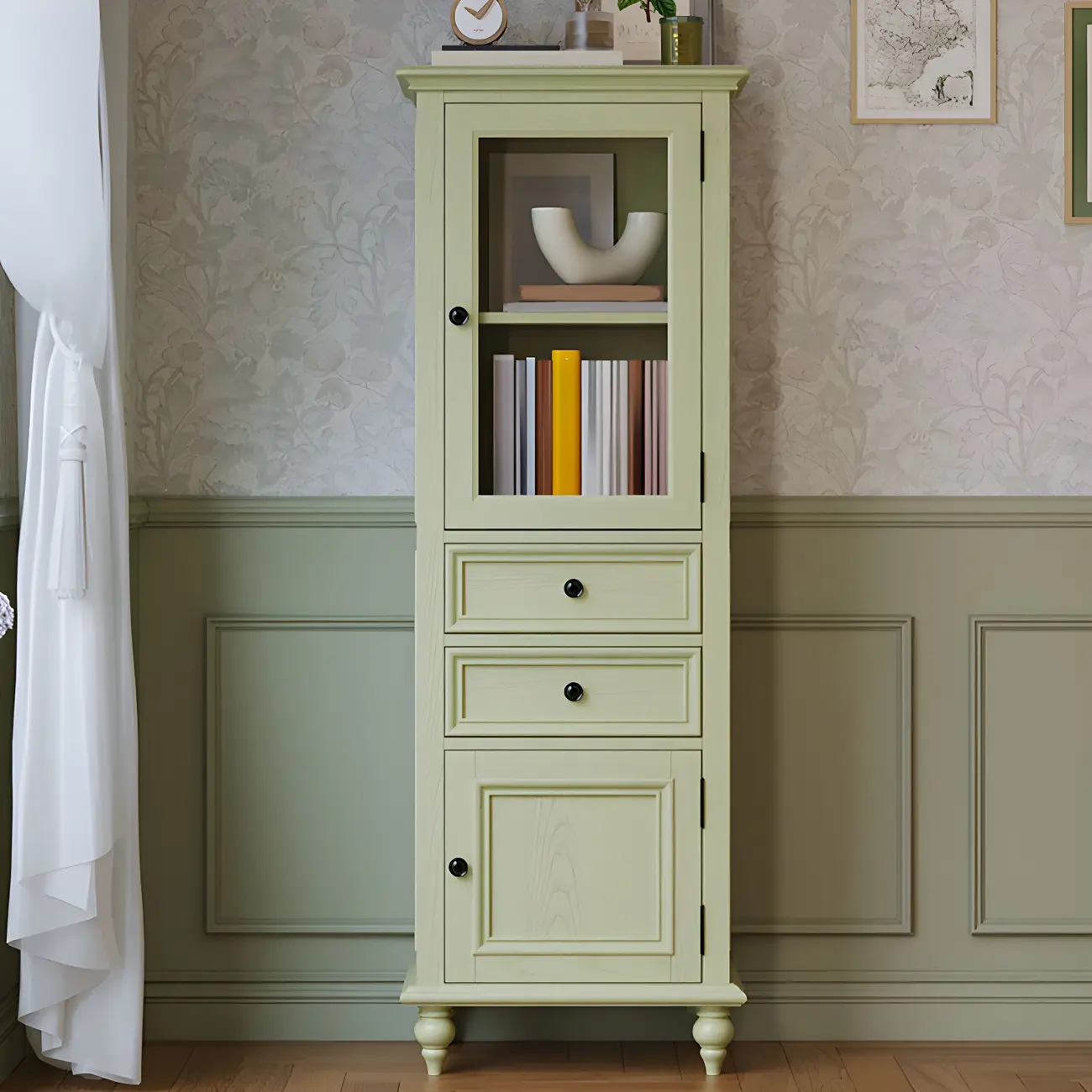 Vintage Green Wooden China Cabinet with 2-Drawers for Home Image - 3 | homeyfad