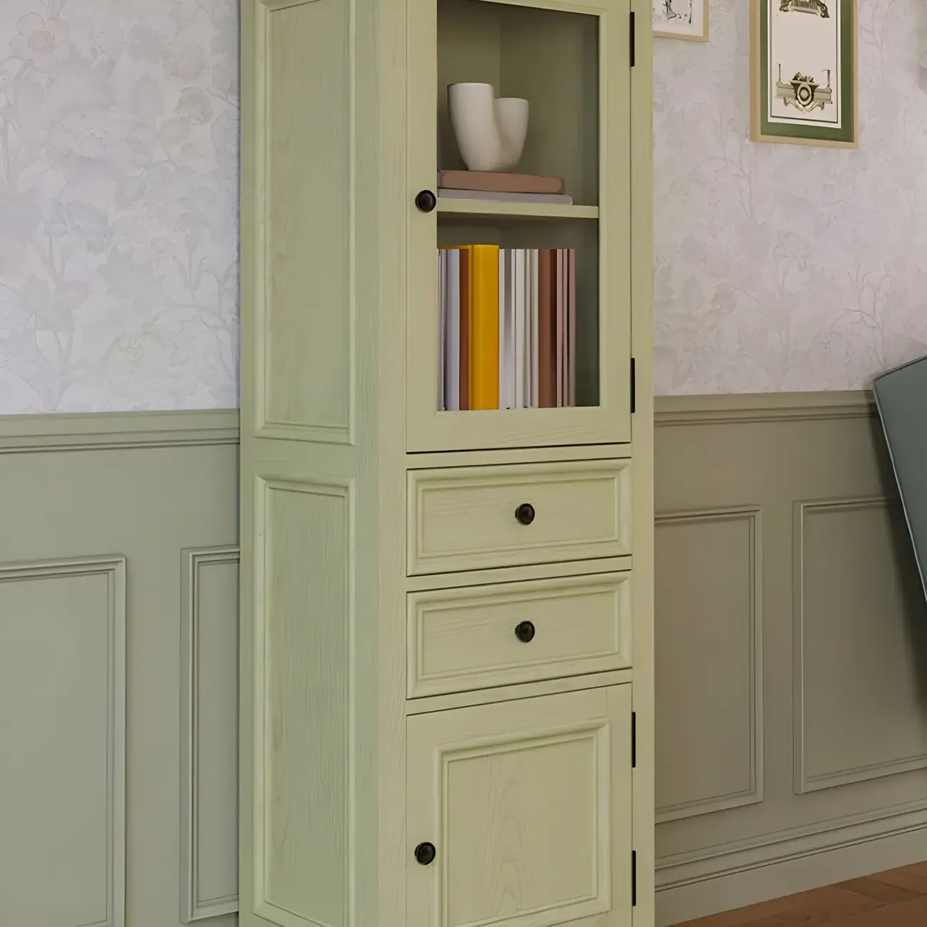 Vintage Green Wooden China Cabinet with 2-Drawers for Home Image - 5