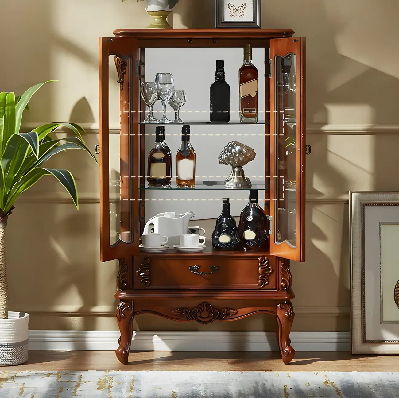 Traditional Wooden China Display Cabinet with Glass Doors Image - 2