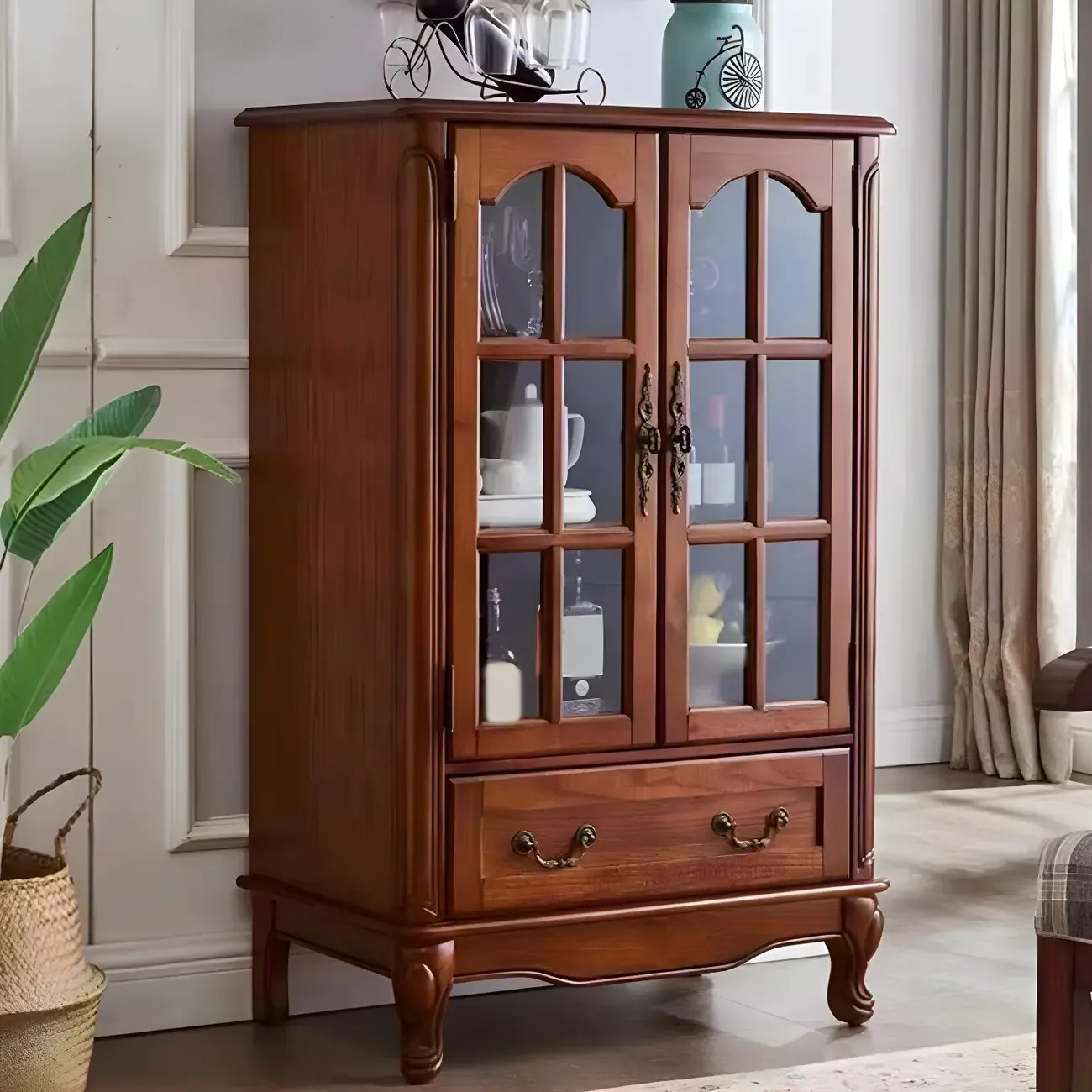 Traditional Wooden China Display Cabinet with Glass Doors Image - 6