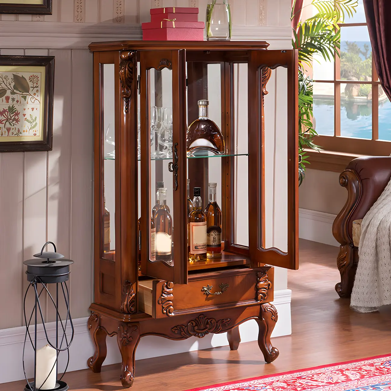 Traditional Wooden China Display Cabinet with Glass Doors Image - 8 | homeyfad