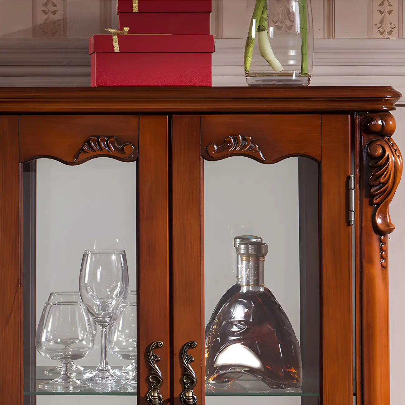 Traditional Wooden China Display Cabinet with Glass Doors Image - 11 | homeyfad