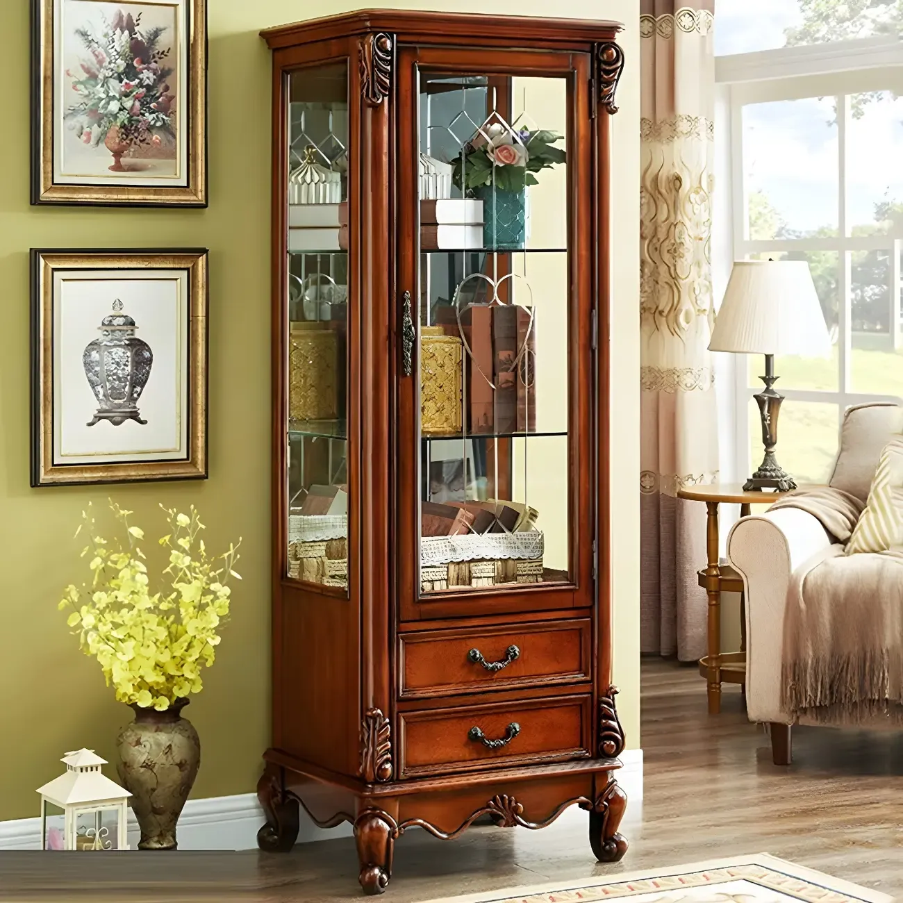 Traditional Wooden China Display Cabinet with Glass Doors Image - 12