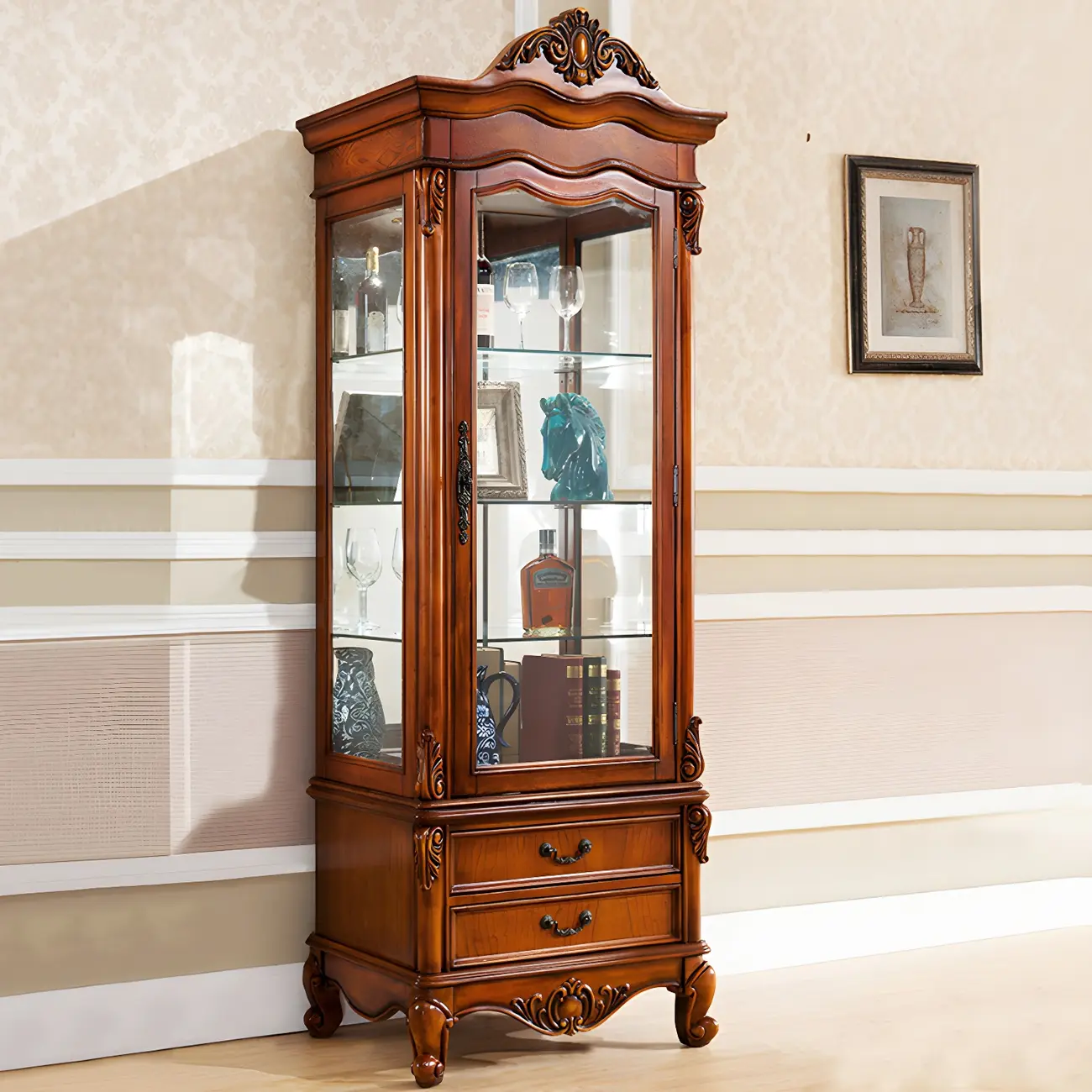 Traditional Wooden China Display Cabinet with Glass Doors Image - 13 | homeyfad