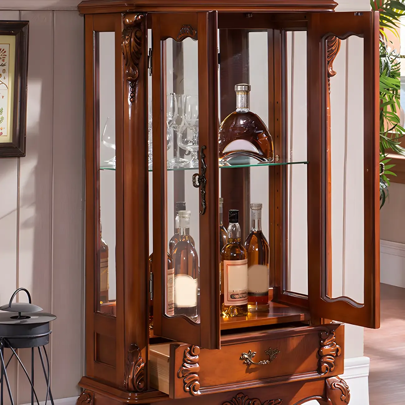 Traditional Wooden China Display Cabinet with Glass Doors Image - 16