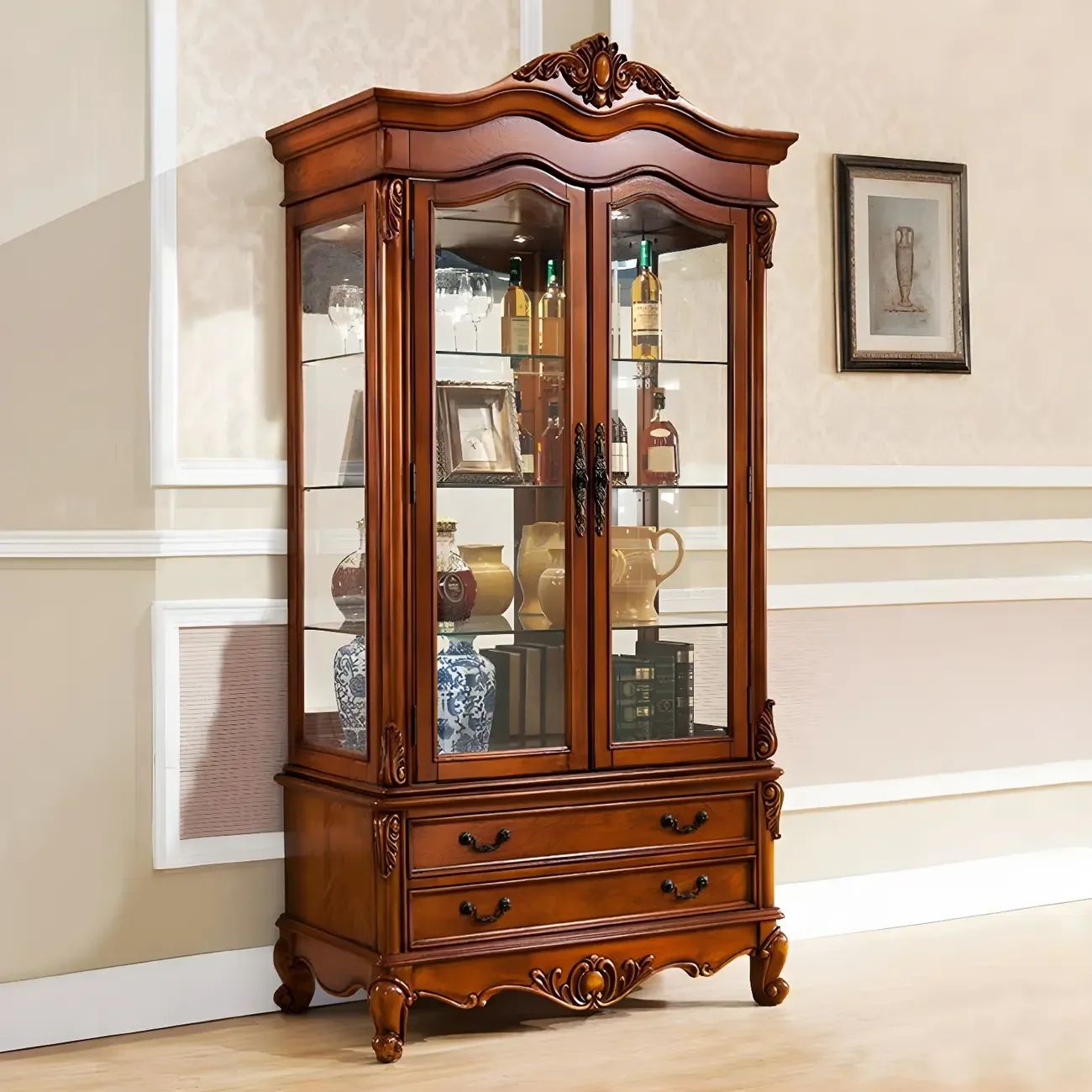 Traditional Wooden China Display Cabinet with Glass Doors Image - 17