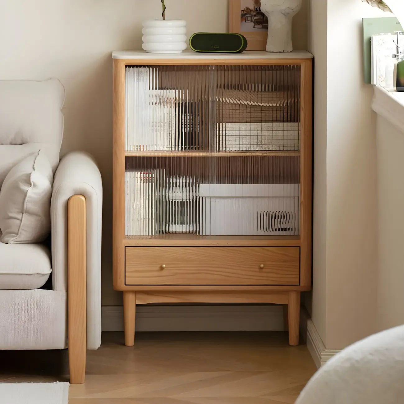 Scandinavian Wooden Glass Display Cabinet for Home Decor Image - 1