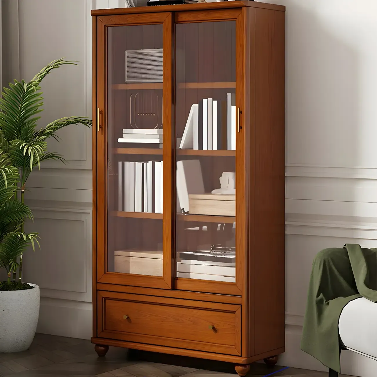 Classic Wooden Glass Display Cabinet with Sliding Doors Image - 8