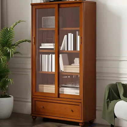 Classic Wooden Glass Display Cabinet with Sliding Doors Image - 8