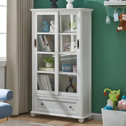 Classic Wooden Glass Display Cabinet with Sliding Doors Image - 11