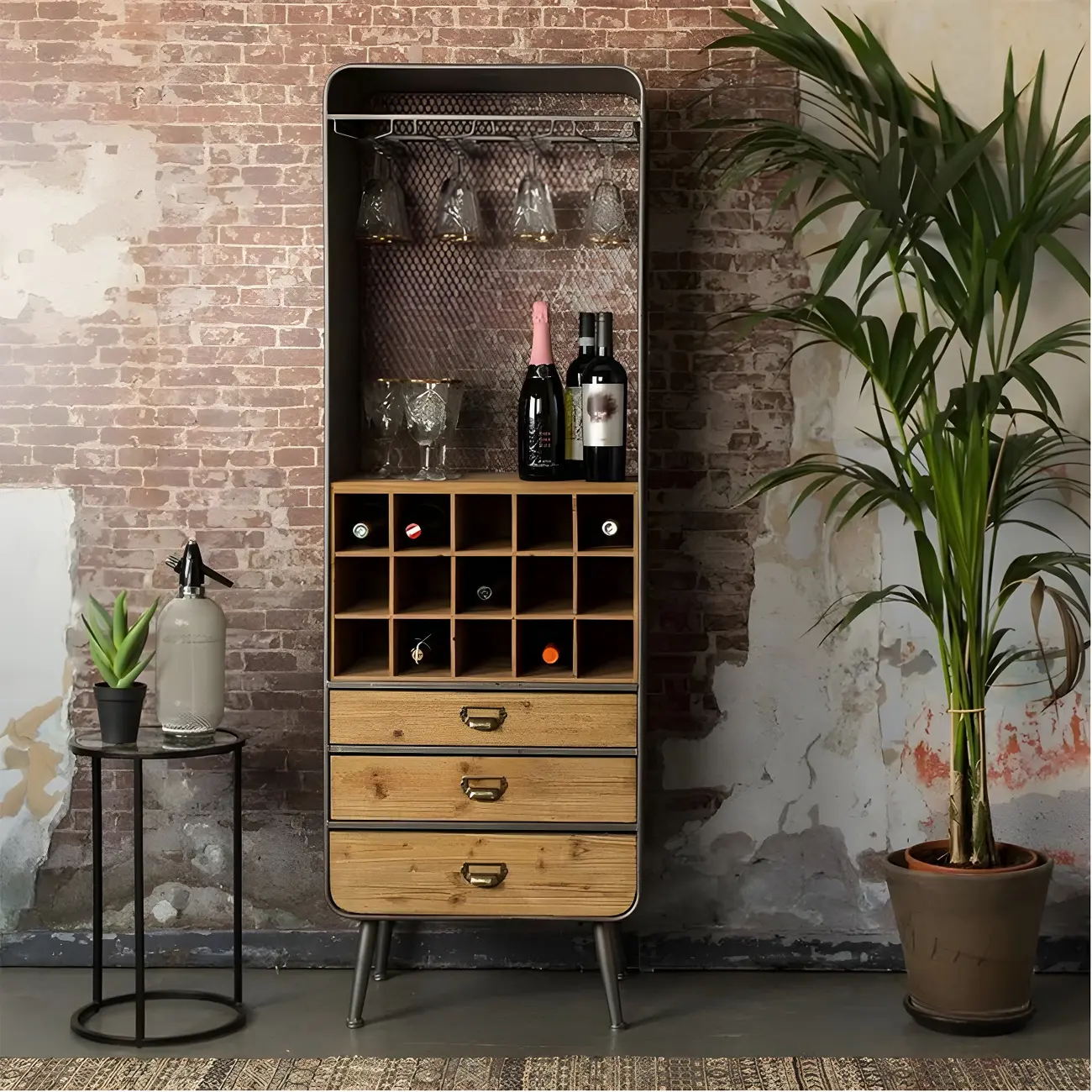 Industrial Brown Wooden Display Cabinet with Wine Storage Image - 3 | homeyfad