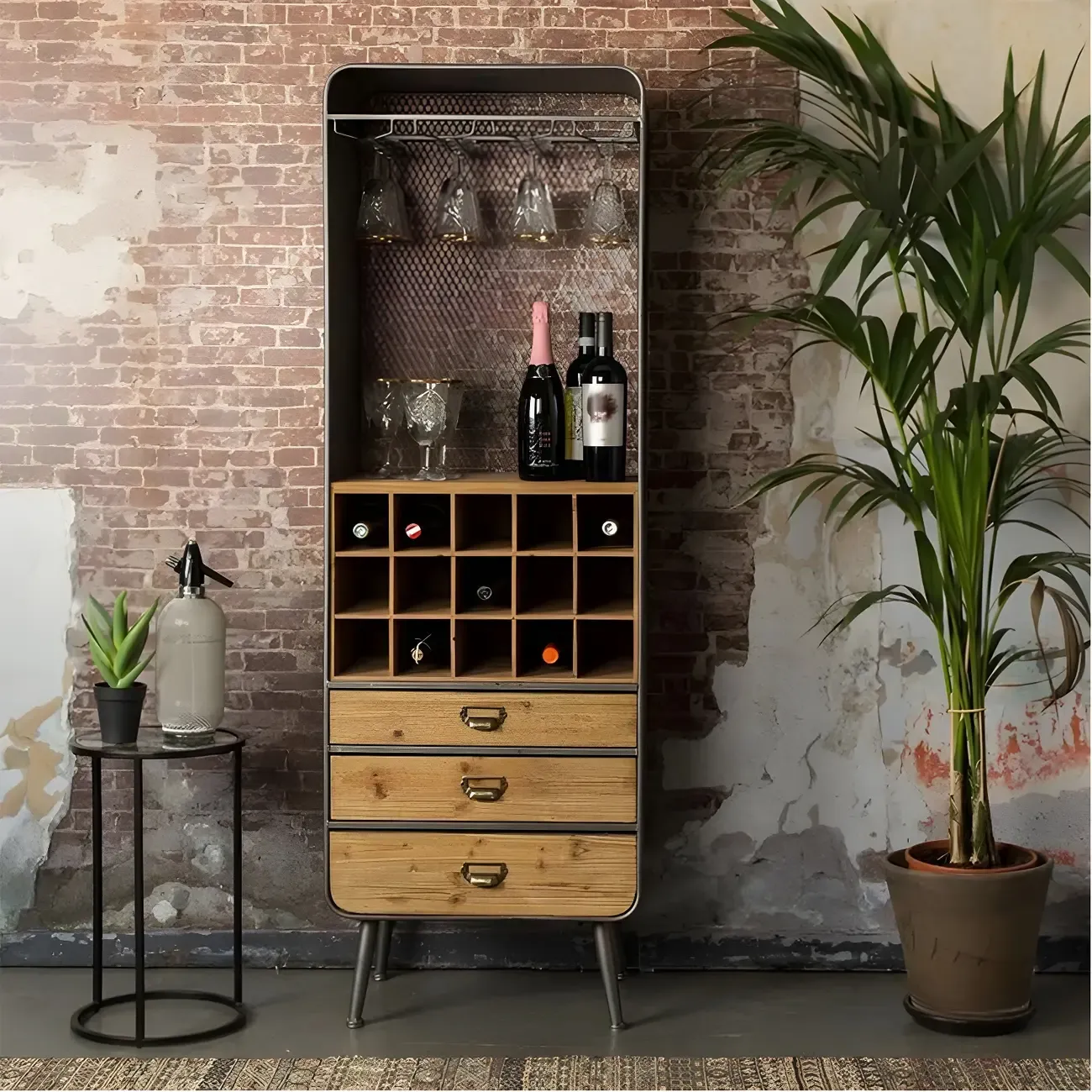 Industrial Brown Wooden Display Cabinet with Wine Storage Image - 3