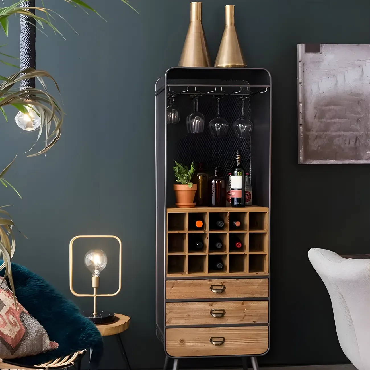 Industrial Brown Wooden Display Cabinet with Wine Storage - HomeyFad