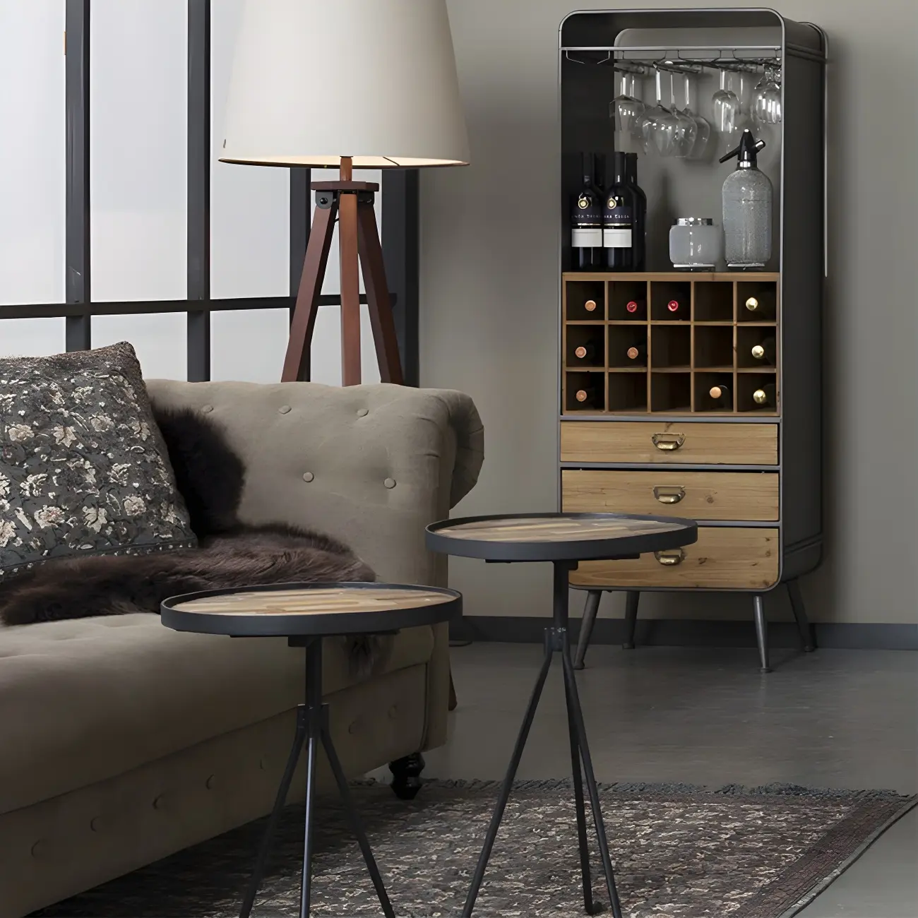 Industrial Brown Wooden Display Cabinet with Wine Storage Image - 2 | homeyfad