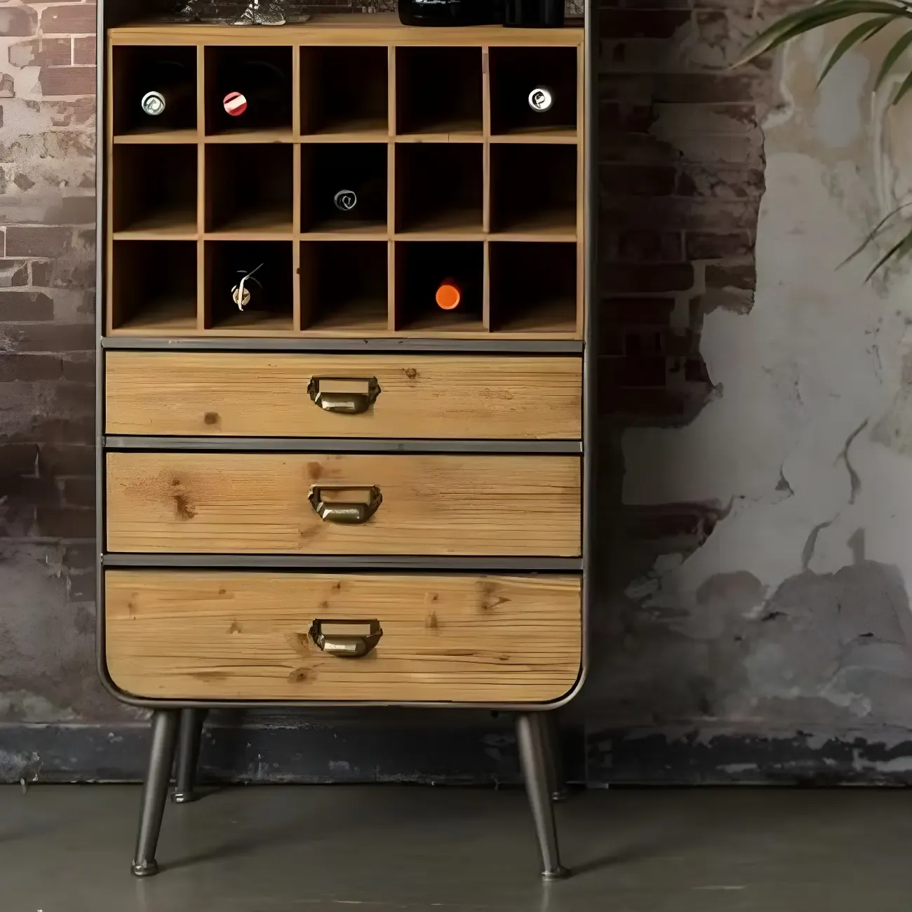 Industrial Brown Wooden Display Cabinet with Wine Storage Image - 8
