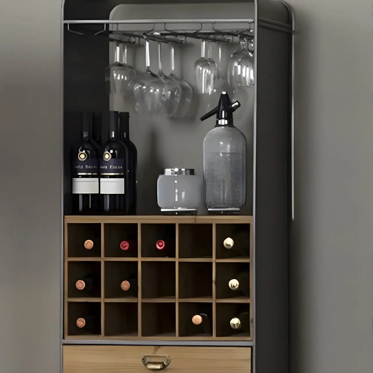 Industrial Brown Wooden Display Cabinet with Wine Storage Image - 9 | homeyfad