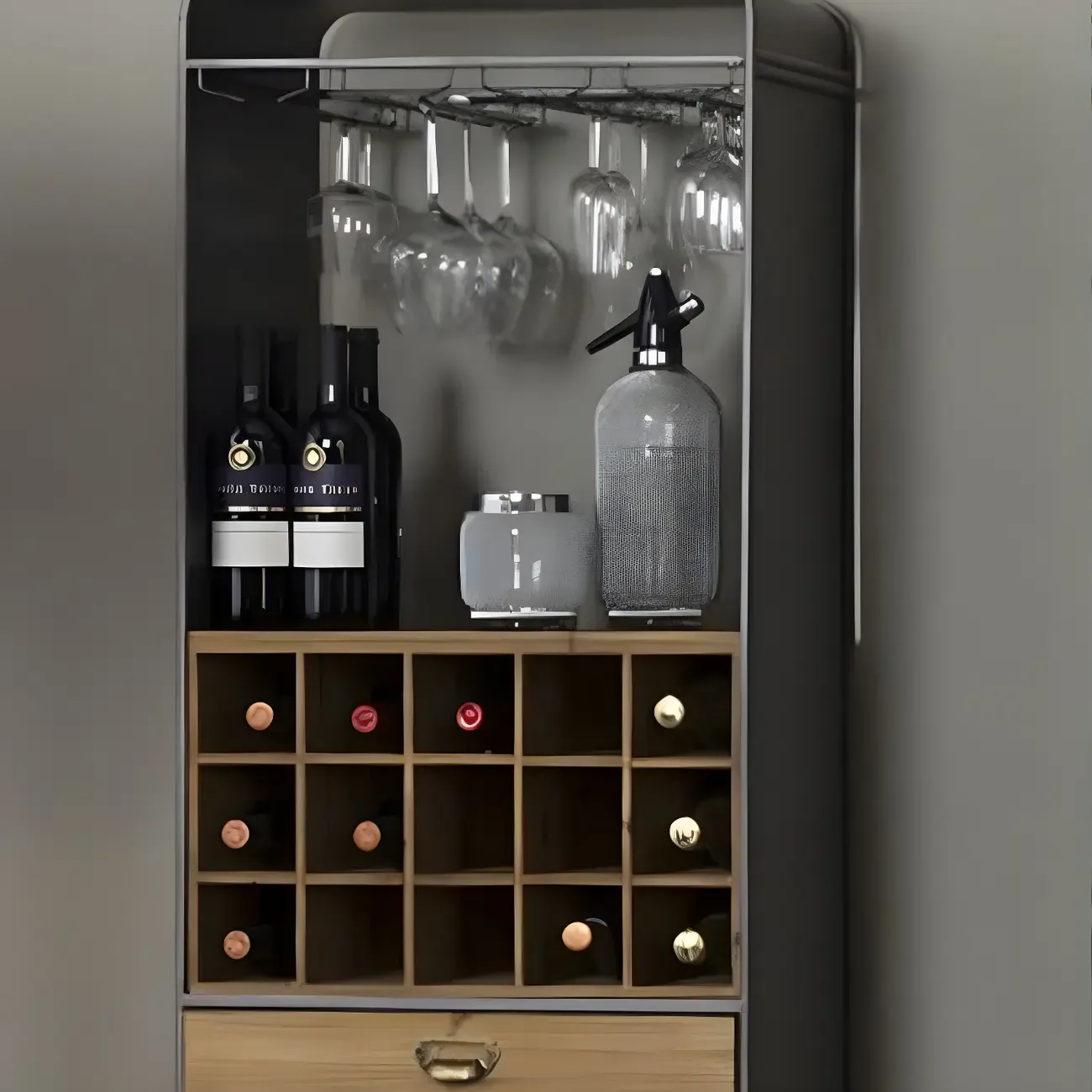 Industrial Brown Wooden Display Cabinet with Wine Storage Image - 9