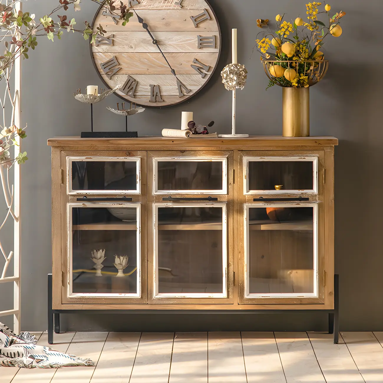 Rustic Wooden Display Cabinet with Glass Doors for Kitchen Image - 1 | homeyfad