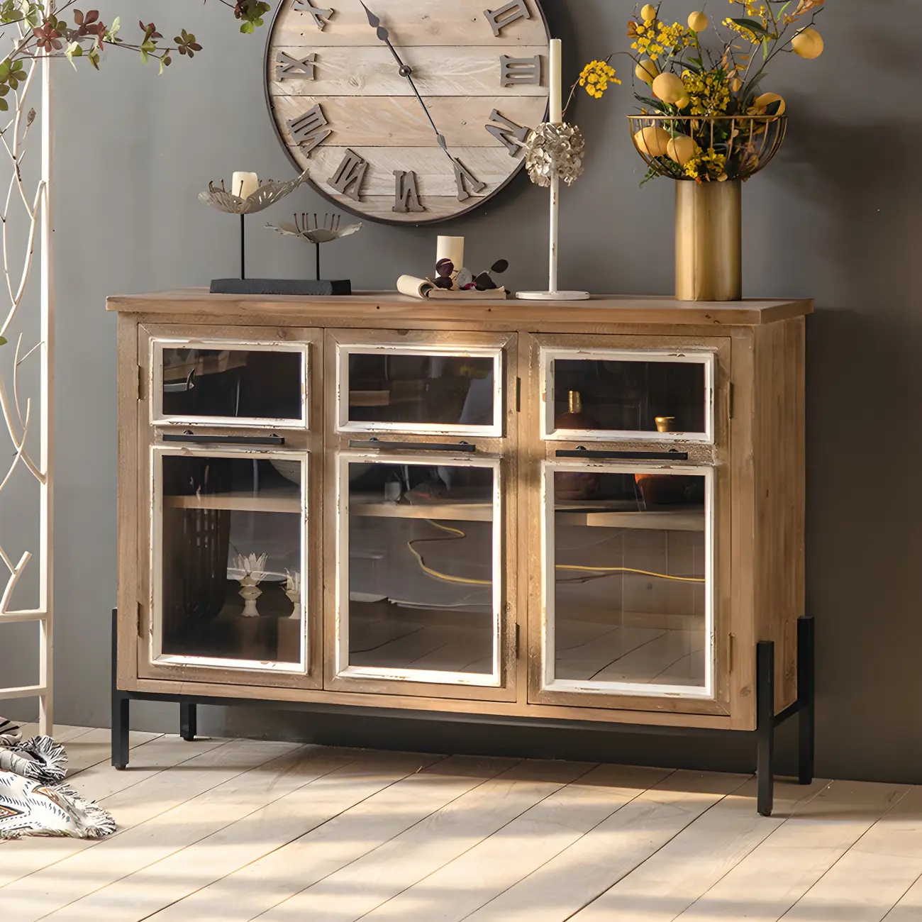 Rustic Wooden Display Cabinet with Glass Doors for Kitchen Image - 2 | homeyfad