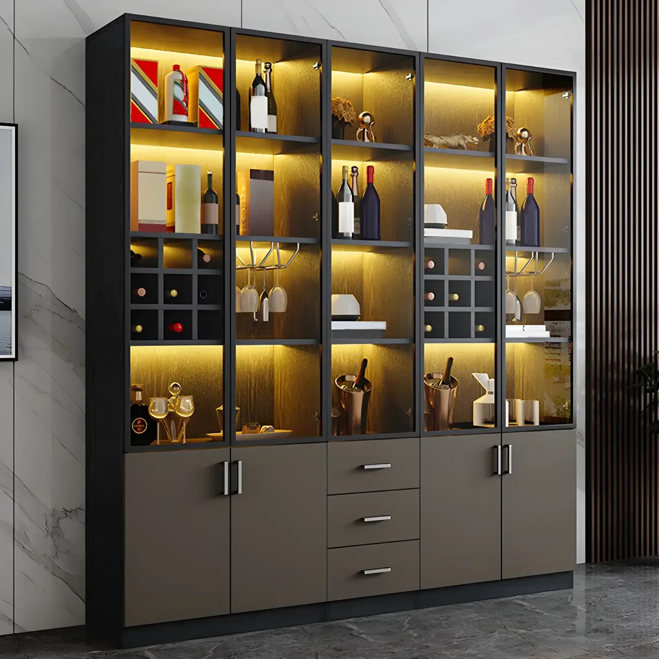 Large Black Wood Glass Doors Wine Storage Display Cabinet | HomeyFad