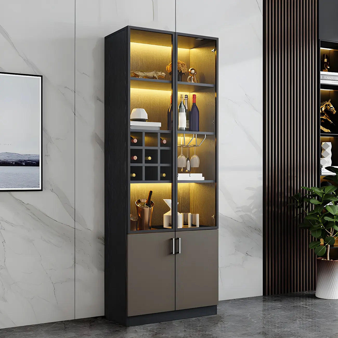 Glam Wooden Display Cabinet with Glass and Wine Storage Image - 3 | homeyfad