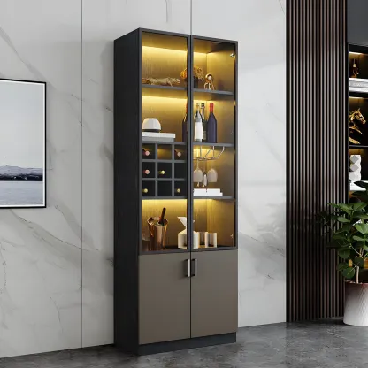 Glam Wooden Display Cabinet with Glass and Wine Storage Image - 3