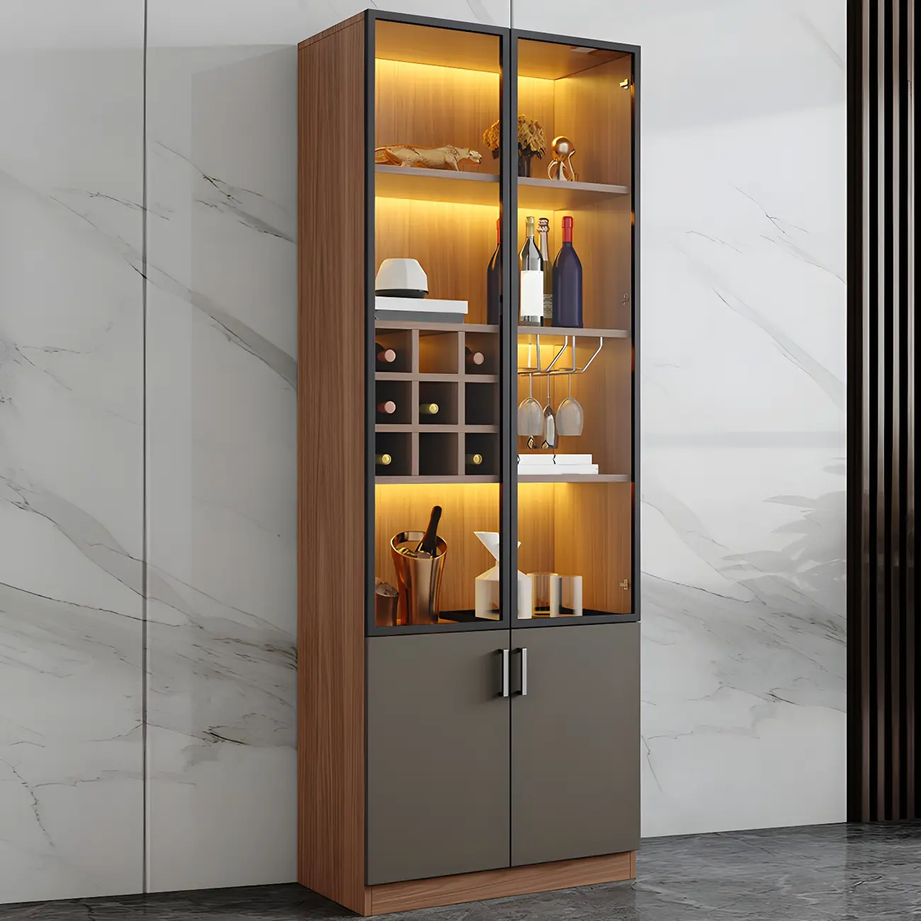 Glam Wooden Display Cabinet with Glass and Wine Storage Image - 4 | homeyfad