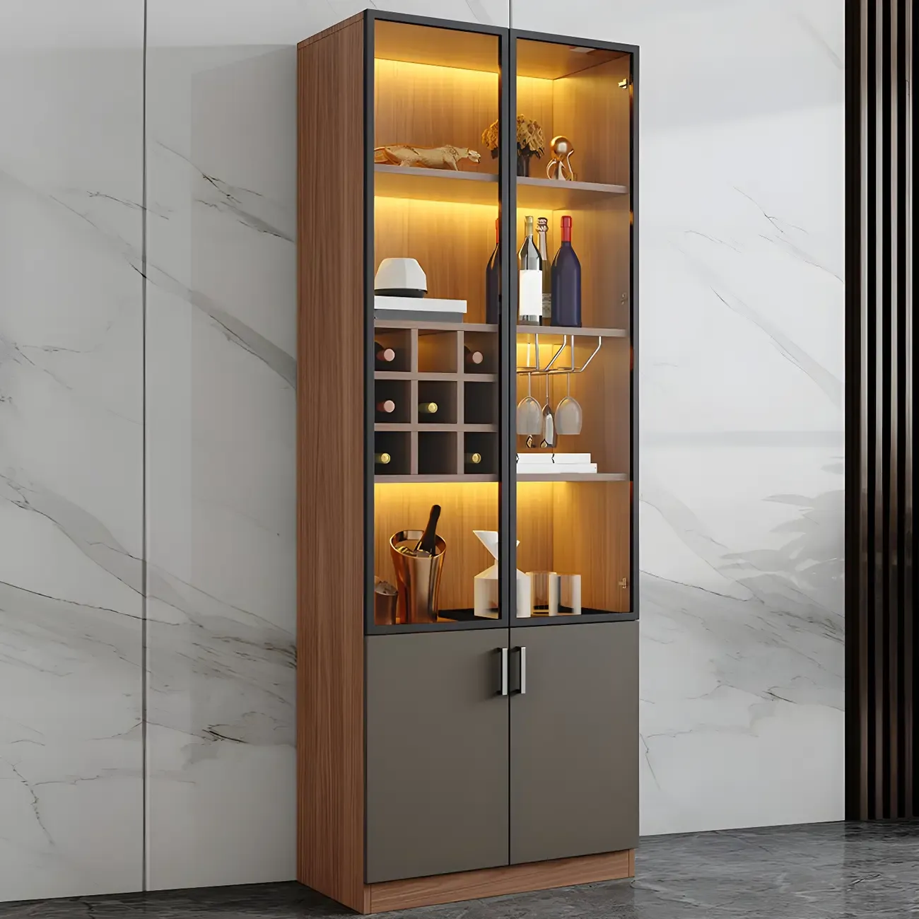 Glam Wooden Display Cabinet with Glass and Wine Storage Image - 4