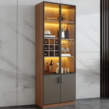 Glam Wooden Display Cabinet with Glass and Wine Storage Image - 4