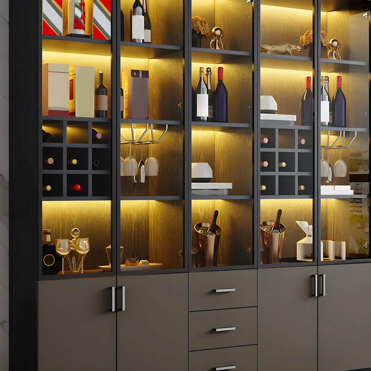 Glam Wooden Display Cabinet with Glass and Wine Storage Image - 5 | homeyfad