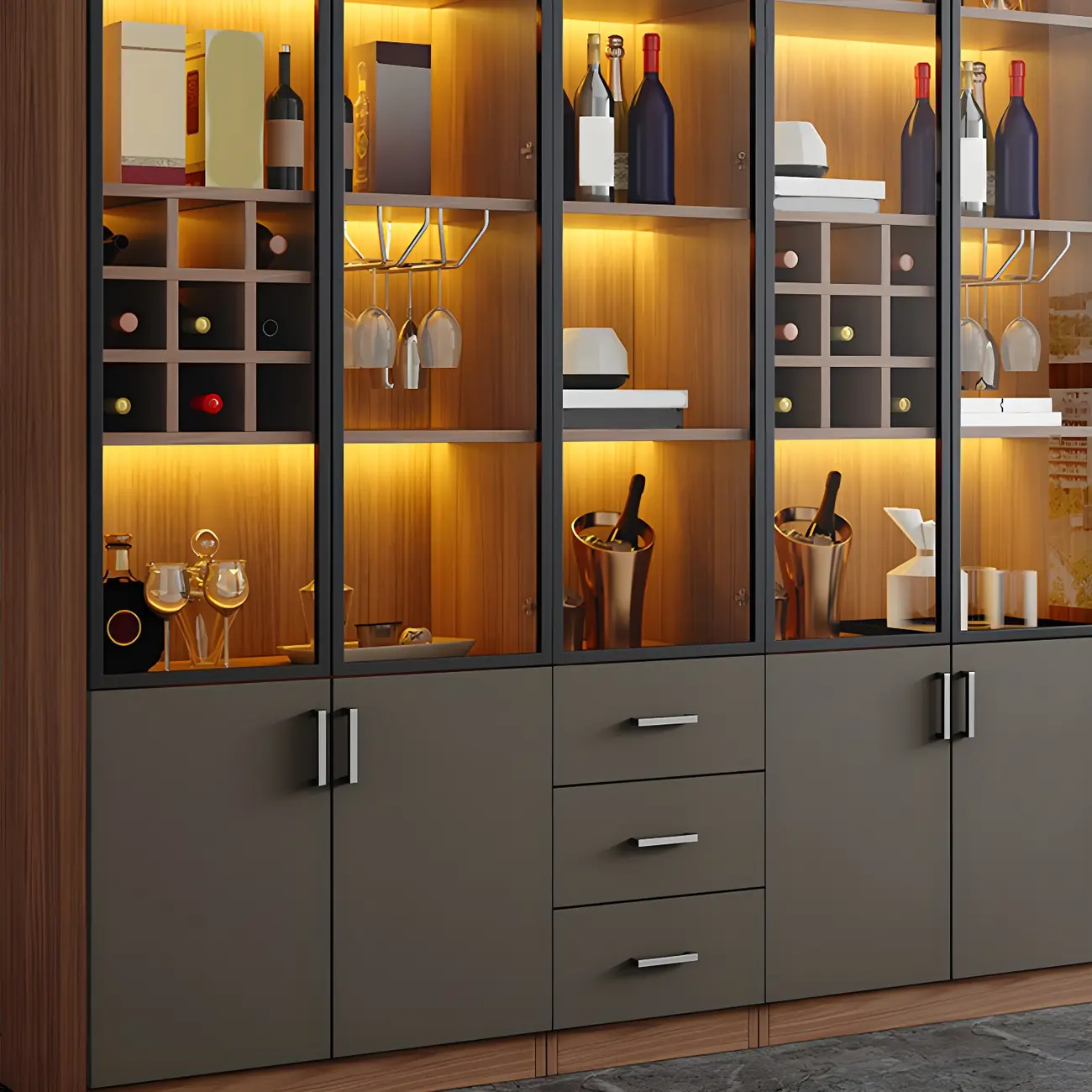 Glam Wooden Display Cabinet with Glass and Wine Storage Image - 8 | homeyfad
