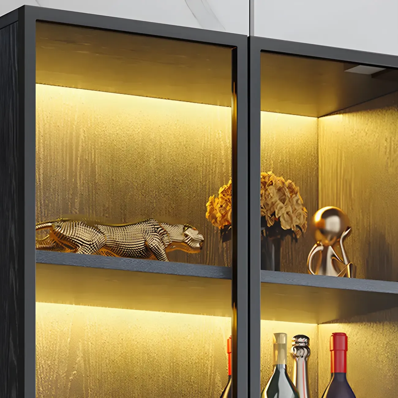 Glam Wooden Display Cabinet with Glass and Wine Storage Image - 12