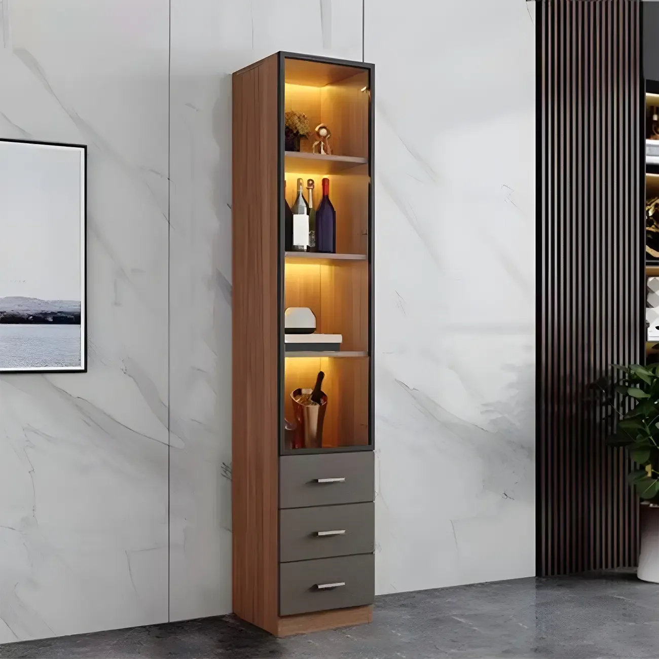 Glam Wooden Display Cabinet with Glass and Wine Storage Image - 15