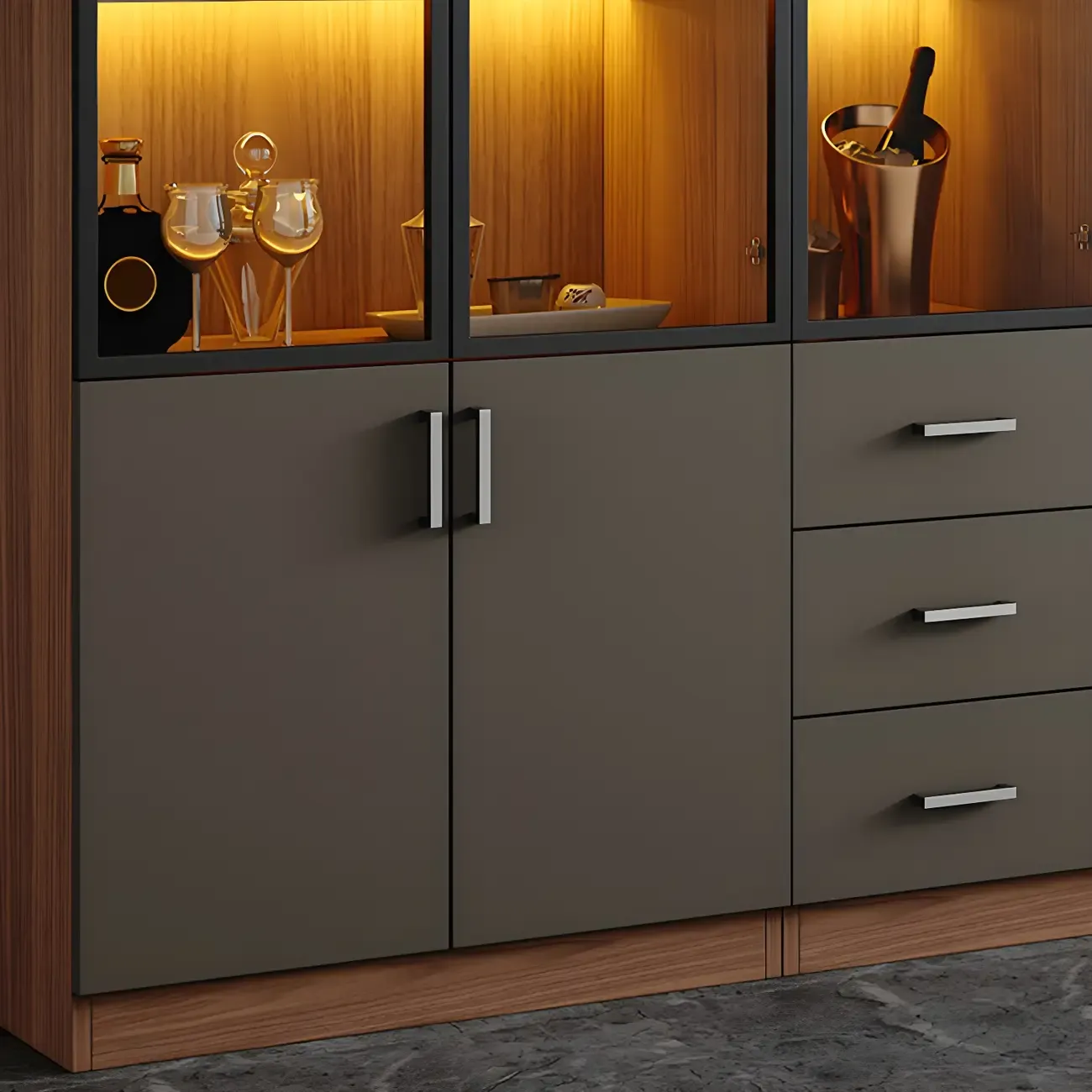 Glam Wooden Display Cabinet with Glass and Wine Storage Image - 16