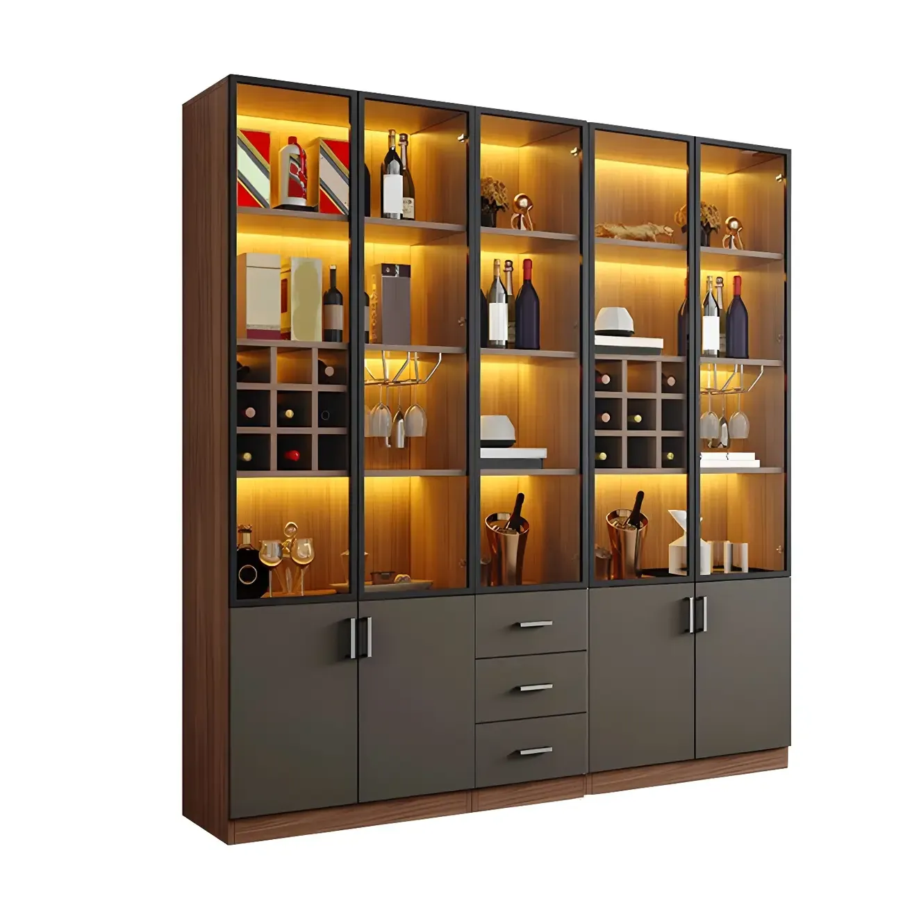Glam Wooden Display Cabinet with Glass and Wine Storage Image - 20